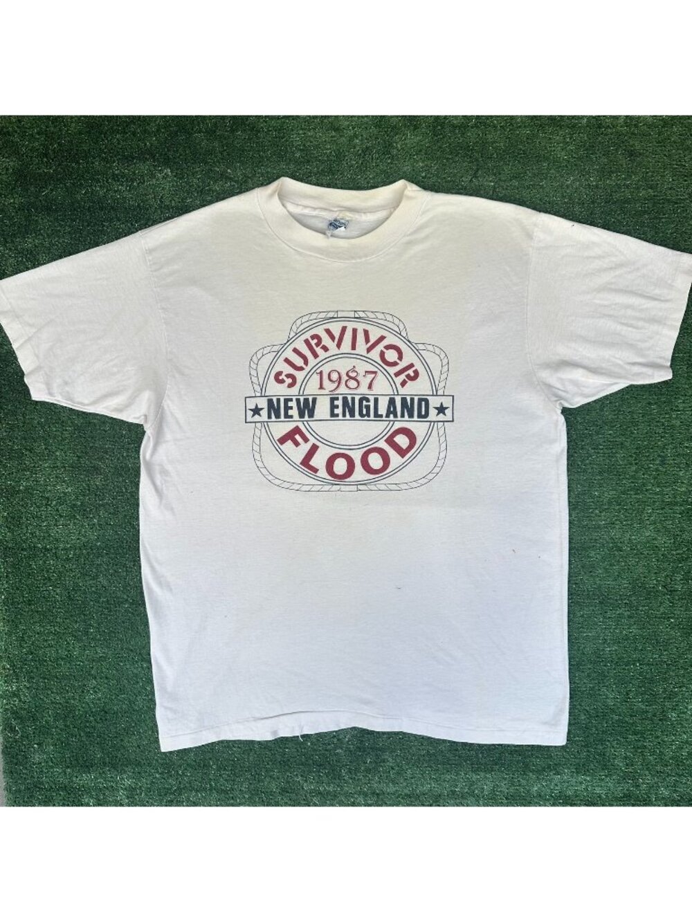 Vintage 80s New England Flood Survivor T-Shirt 1987 White L Single Stitch 50/50